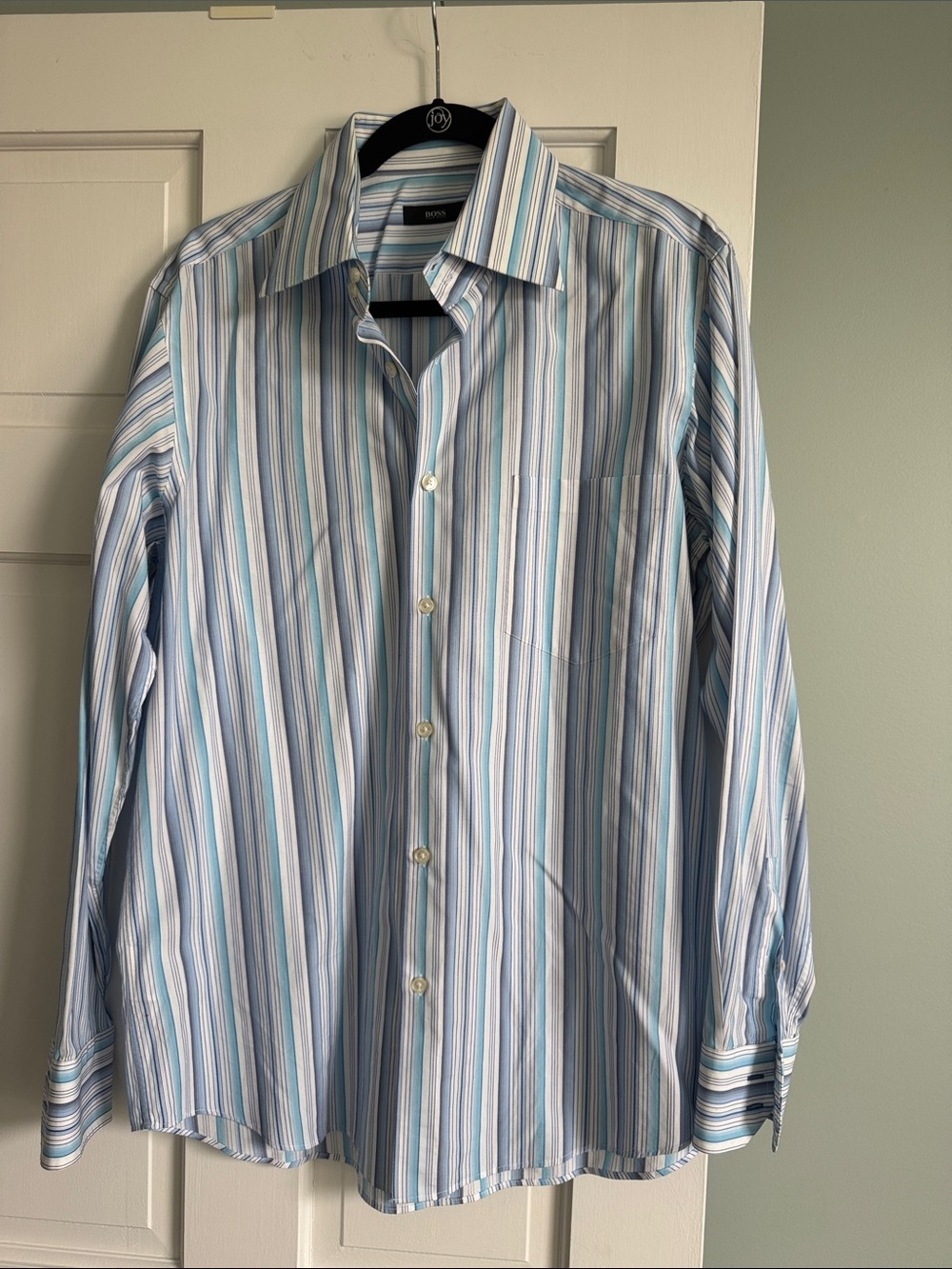 Men's Hugo Boss button down multi-color striped long sleeve shirt 16.5 34/35